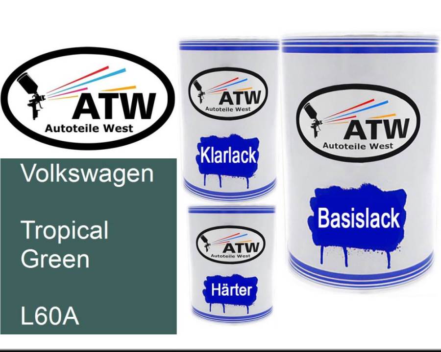 Volkswagen, Tropical Green, L60A: 500ml Lackdose + 500ml Klarlack + 250ml Härter - Set, von ATW Autoteile West.